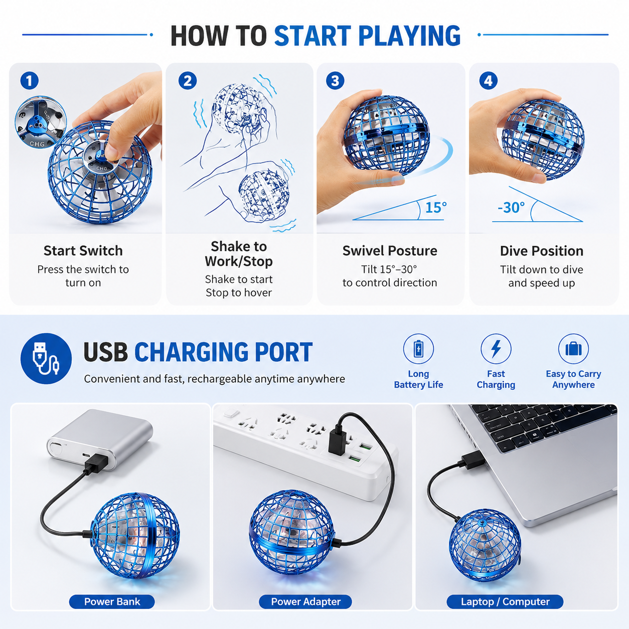 Flying Orb Ball Hand Controlled Boomerang Spinner, USB Rechargeable (Pack of 1)